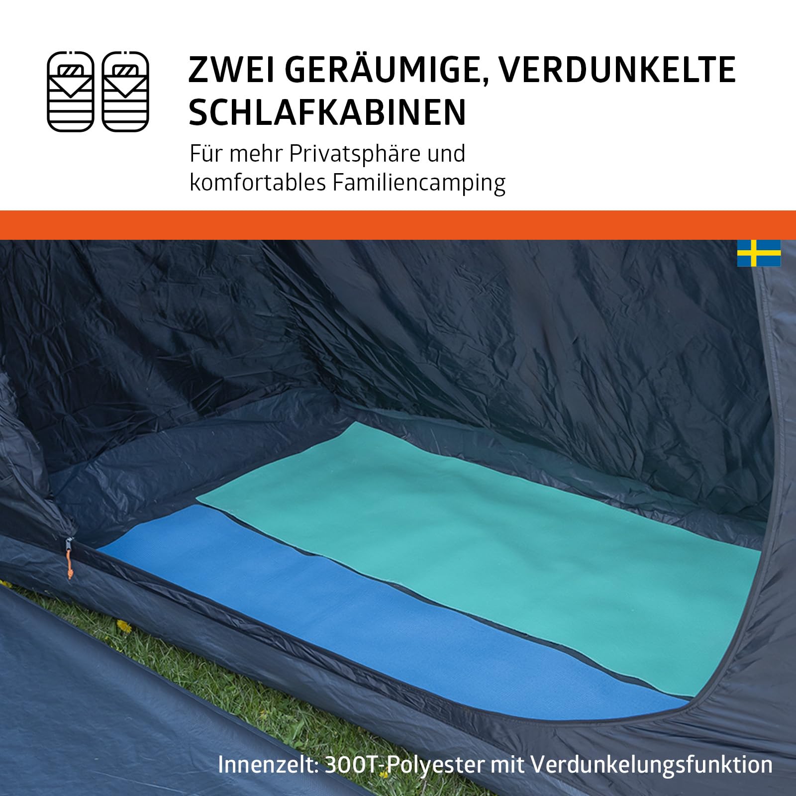 Campout 4-Personen Vis-à-Vis Kuppelzelt – 2 Schlafkabinen – 5000 mm Wassersäule – Wohnbereich – Aufbauzeit 15 Min – inkl. Vordachstangen, Heringen & Tragetasche