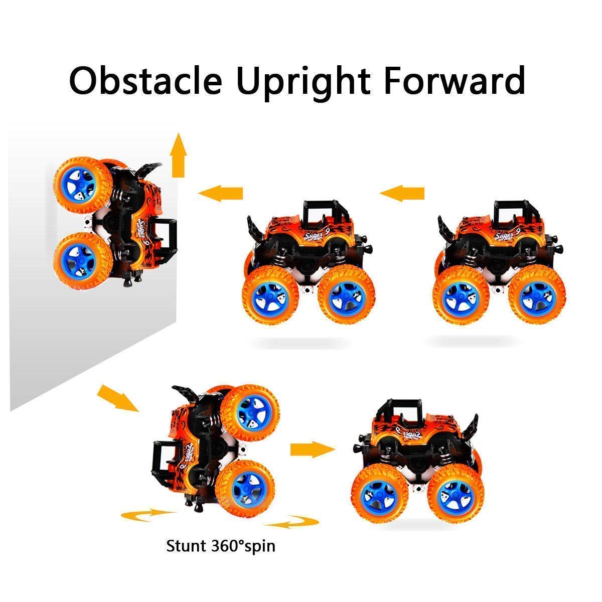 RABBITTOM 4WD Mini Monster Trucks Friction Powered Plastic Truck Big Rubber Tires Push and Go Toy 4 Wheel Drive Unbreakable Diecast Stunt Car Pull Back Mechanism with Jumper Climbing Vehicle 1