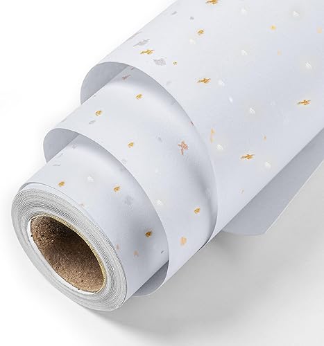 Homeral Rollo de papel de regalo, 17 pulgadas x 16.5 pies, color blanco con copos de lámina plateada y dorada para Navidad, cumpleaños, boda,