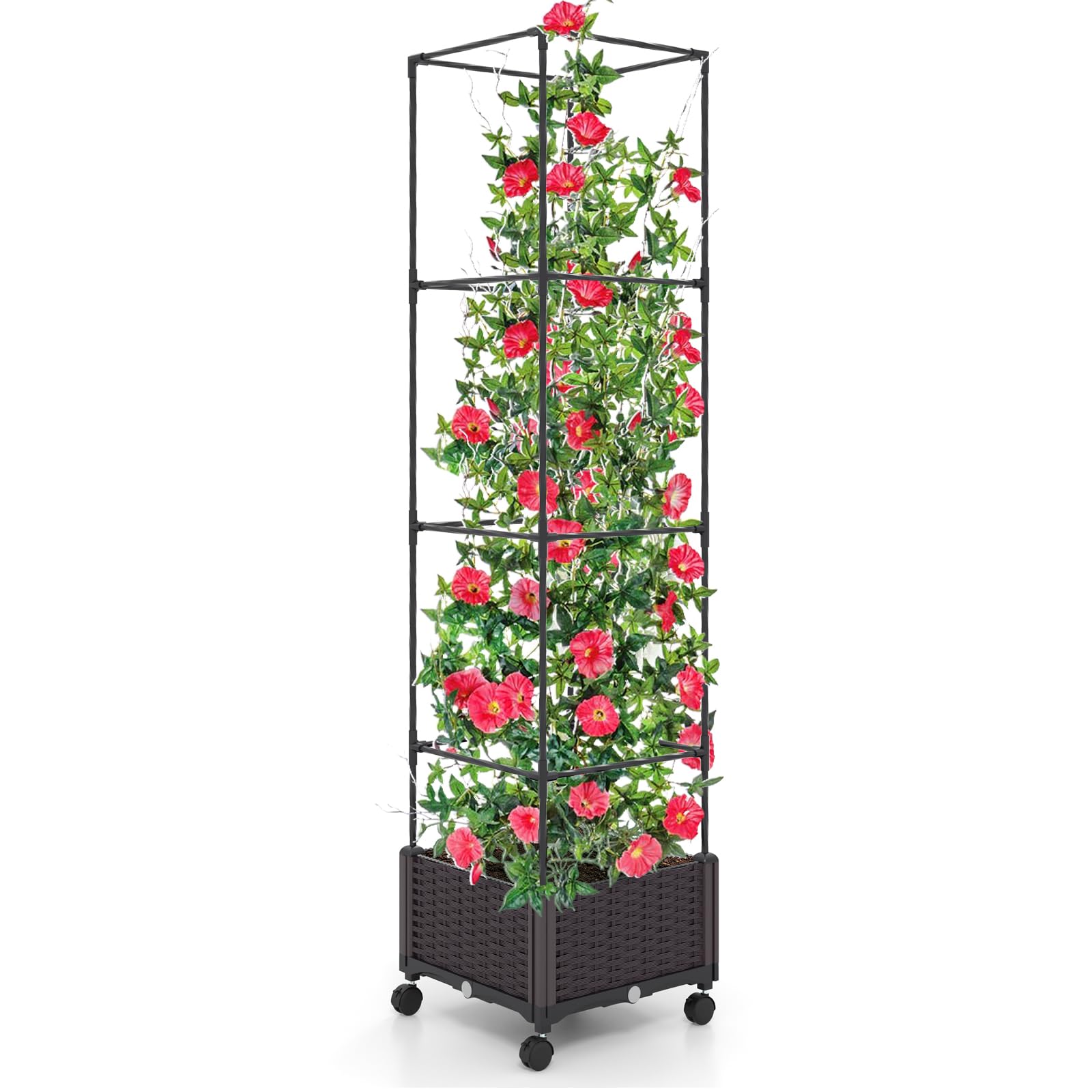 COSTWAY Obelisk Klimhulp Met Bloembak Op Wieltjes, In Hoogte Verstelbaar Gecoat Metaal En Pp Klimrooster Plantenbak Zelfbewatering Voor Klimplanten Bloemen 40 X 170 Cm 1617910980