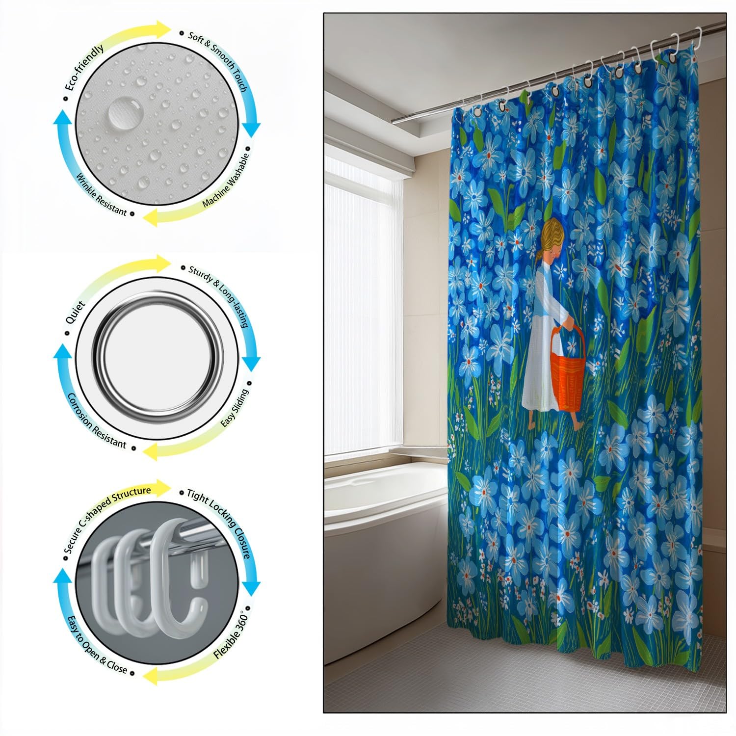 Generisch Zasłona prysznicowa 240 x 200 cm, zestaw 1 szt., miękka mikrofibra, wodoszczelna i odporna na pleśń, nadaje się do prania, do łazienki i wanny, z oczkami i haczykami, niebieska, sztuka
