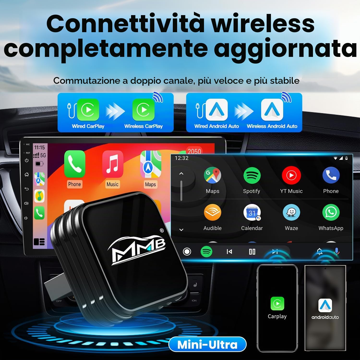 MMB CP-Ultra 2026 Adattatore Wireless CarPlay, 2-in-1 per iPhone e Android Auto, Wi-Fi 6 + Bluetooth 5.4, Converte CarPlay Cablato e Android Auto in Wireless CarPlay Adattatore Plug & Play per CarPlay