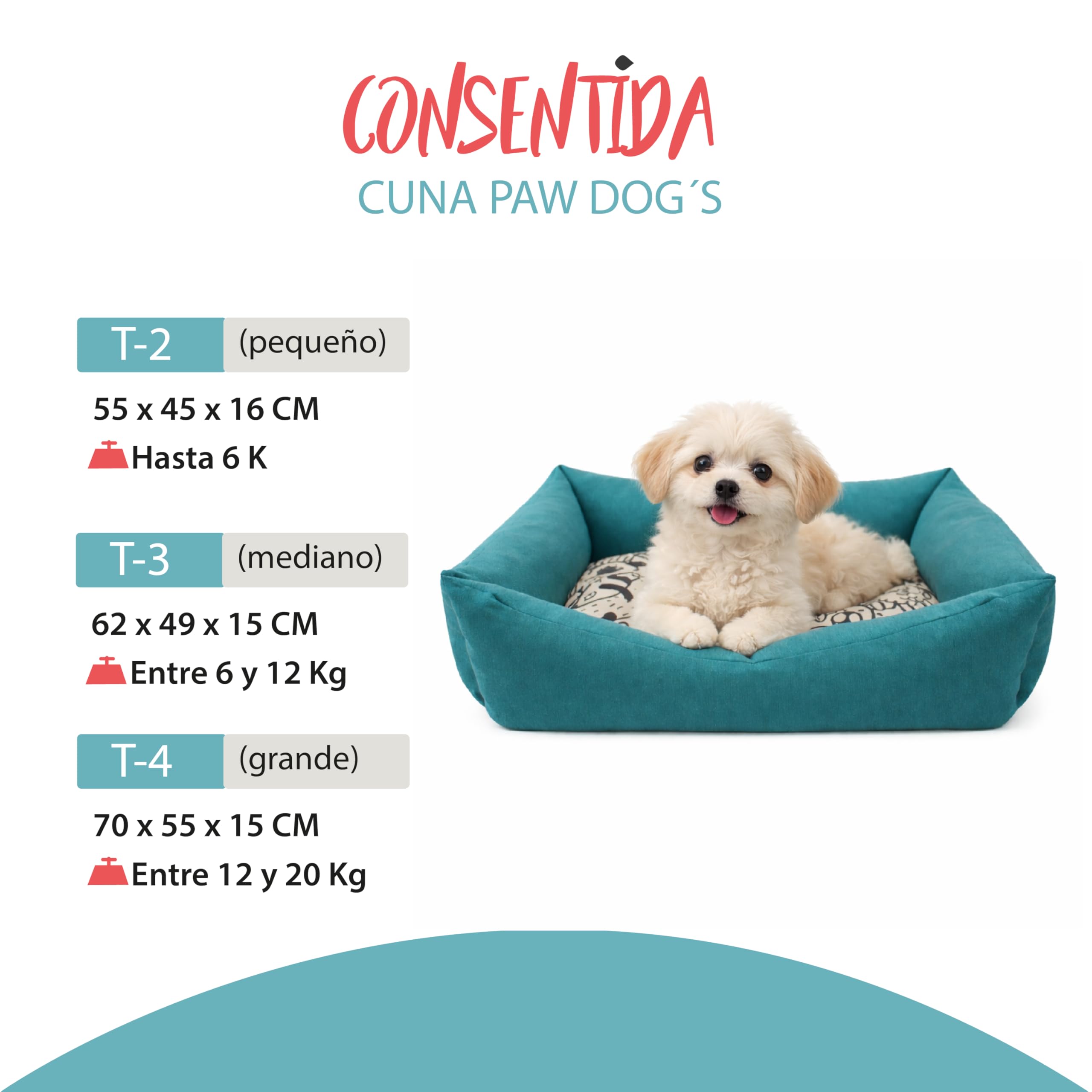Cama para Perros Pequeños DOG'S T-2 de Loneta Resistente -55x45x14 cm. Descanso Ergonómico y Relajante para tu Mascota. Sofá con Funda Extraíble Lavable con Relleno Reciclado, Azul Turquesa