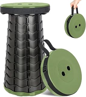 FISHTEC Taburete Plegable y Portátil - Telescópico Retráctil Ø 25,5 x 44,5 cm Ideal para Exterior : Camping, Outdoor, Pesca, Jardín, Barbacoa, Viaje Carga Máxima 130 kg en Plástico Verde Negro