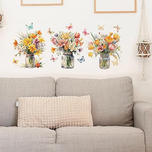 Miniatura 2 de Calcomanías de pared de mariposas con florero de flores, arte floral de sacinora DIY, calcomanías de pared extraíbles de vinilo para despegar y