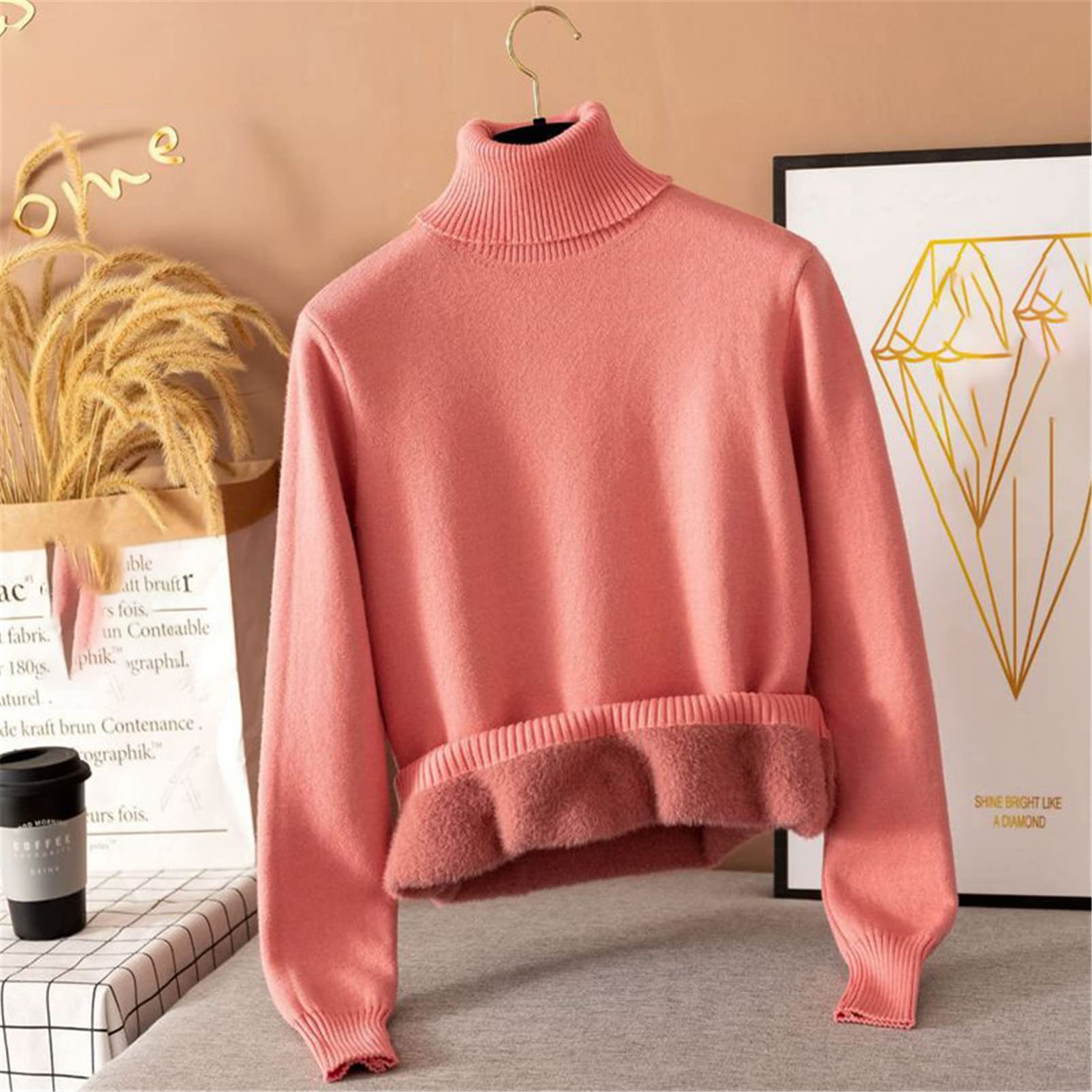Invierno cálido suéter mullido mujeres cuello alto elegante jersey jersey de punto