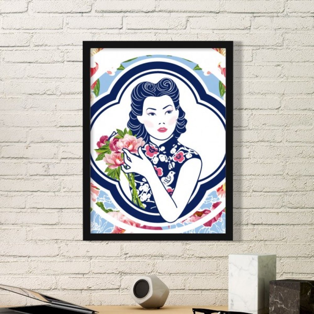 Peinture Fleur Chinoise Cadre Photo Noir Sticker Mural Déco Intérieur