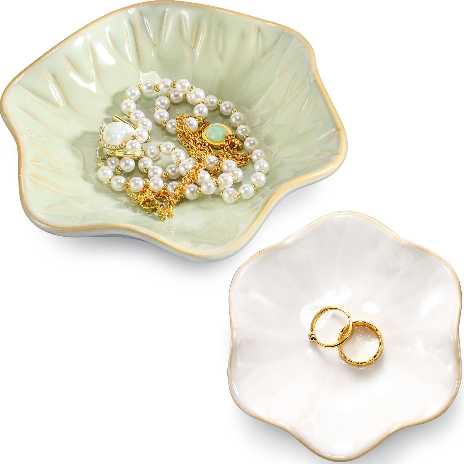 2 Pcs Lotus Leaf Shape Ring Holder Dish Small Jewelry Tray Ceramic Trinket Dish Ring Holder Dish Key Bowl Gifts Organizing Necklace Earrings for Friends Sisters Mother