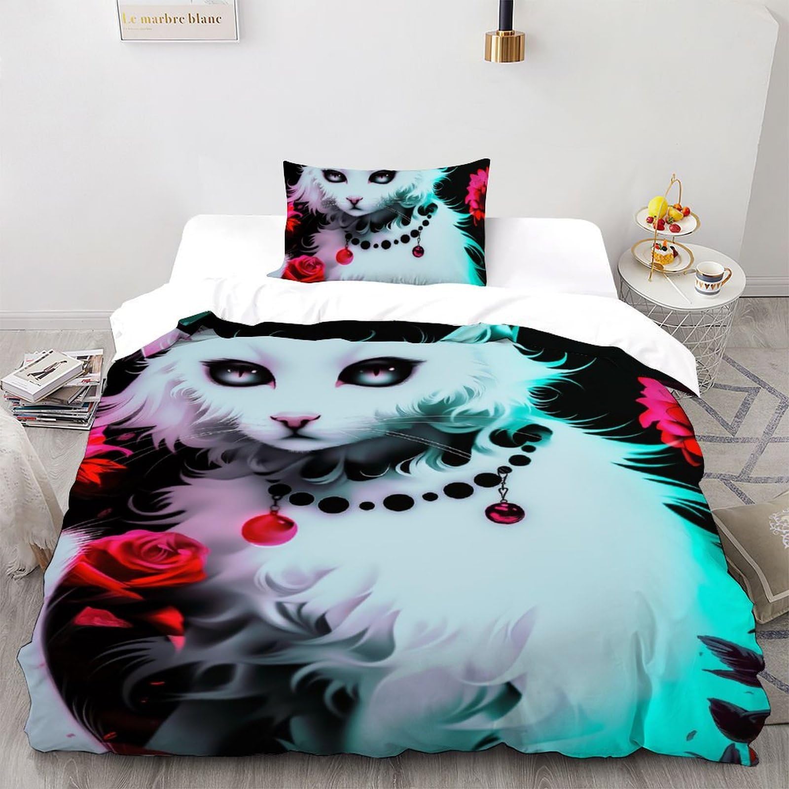 Housse de couette chat blanc zippée : Finie la couette qui glisse du lit enfant