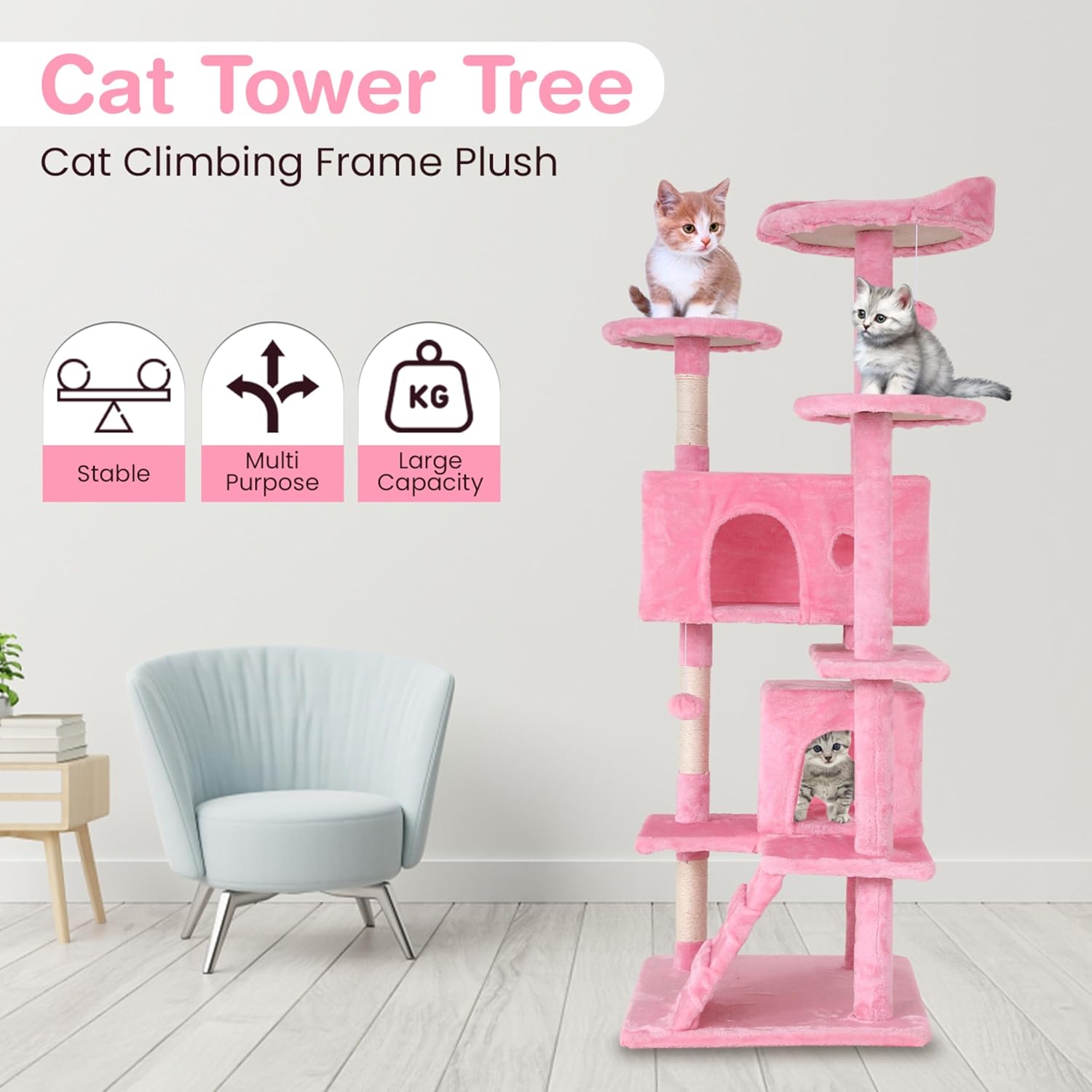 24/7 Shop at Home Court 54 inch Multi-Level Cute Cat Tree Tower with Dangling Ball and Scratching Posts for Indoor Cats Adults, Kitten Supplies, Pet House, Pink