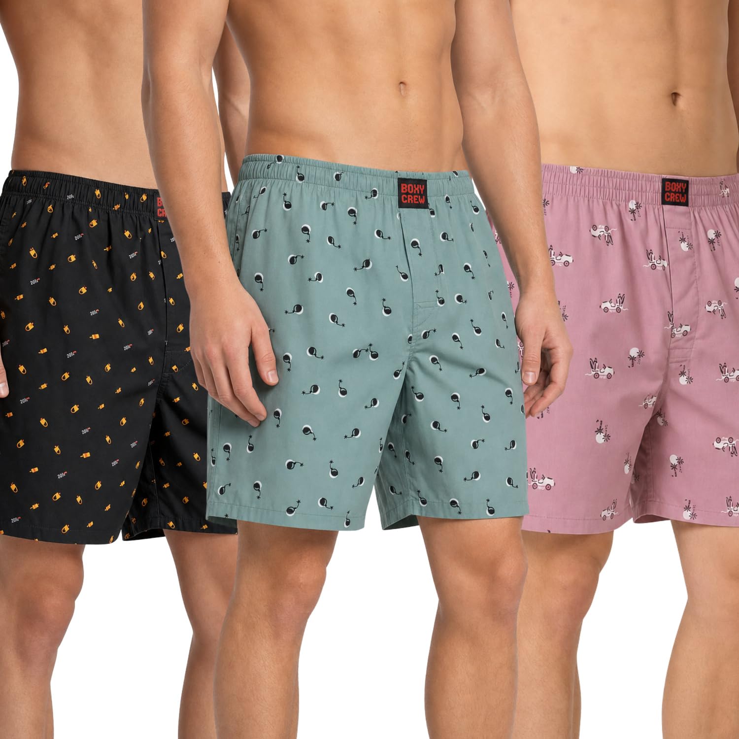 Men's 100% Cotton Printed Boxer Shorts Pack of 3 with Dual Side Pockets and Fabric-Covered Waistband - Black/Green/Pink, Styles MBX016, MBX023, MBX028-image-43
