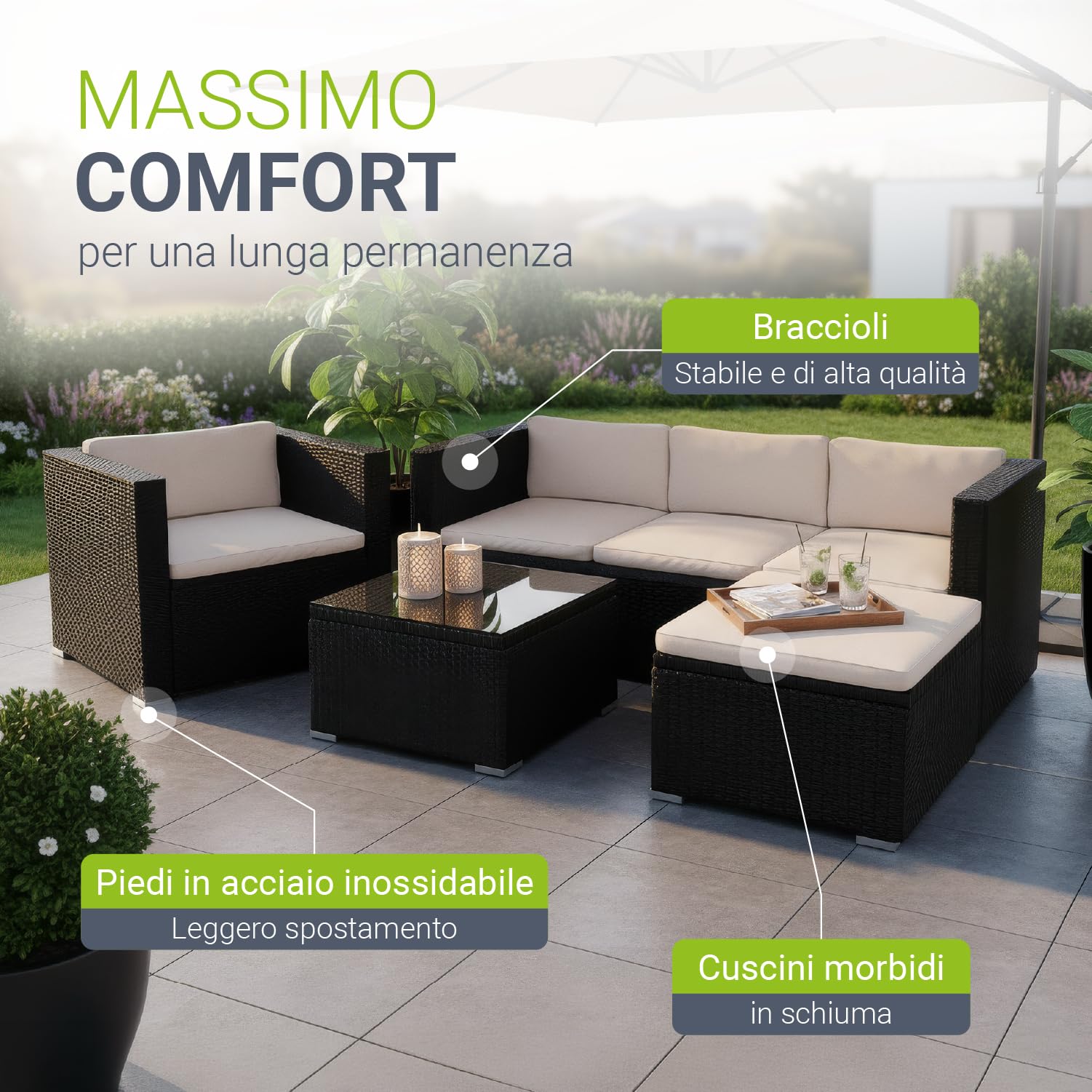 Juskys Lounge in polyrattan Punta Cana L resistente alle intemperie con divano, poltrona, sgabello, tavolo e cuscini - 4-5 persone - set di mobili da giardino lounge nero/crema