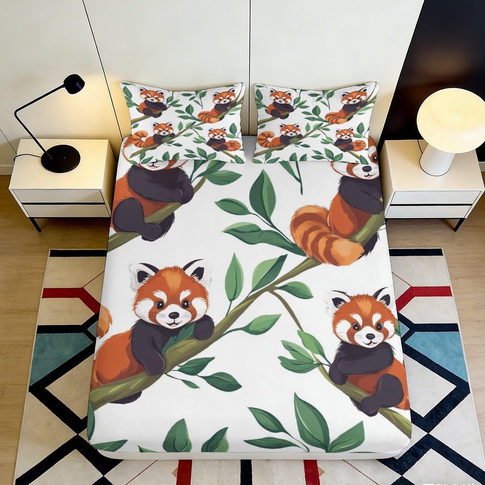 3D Printed Red Panda Tree Fitted Sheet Microfiber Soft Breathable Leaves Bed Cover for Bedroom Guest Dorm Decor 90x200x25cm
