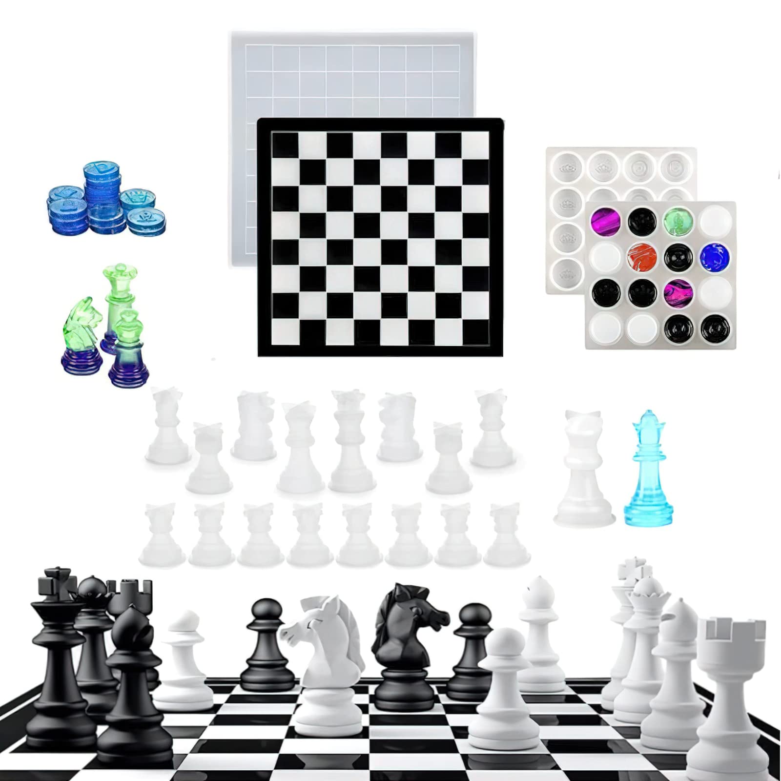 3D Schachbrett-Silikonformen mit tragbaren Schachbrettern - 3-teiliges Set für Epoxidharz - Perfekt für Kunst- und Bastelsets für Kinder und Erwachsene - 3D Chess Set