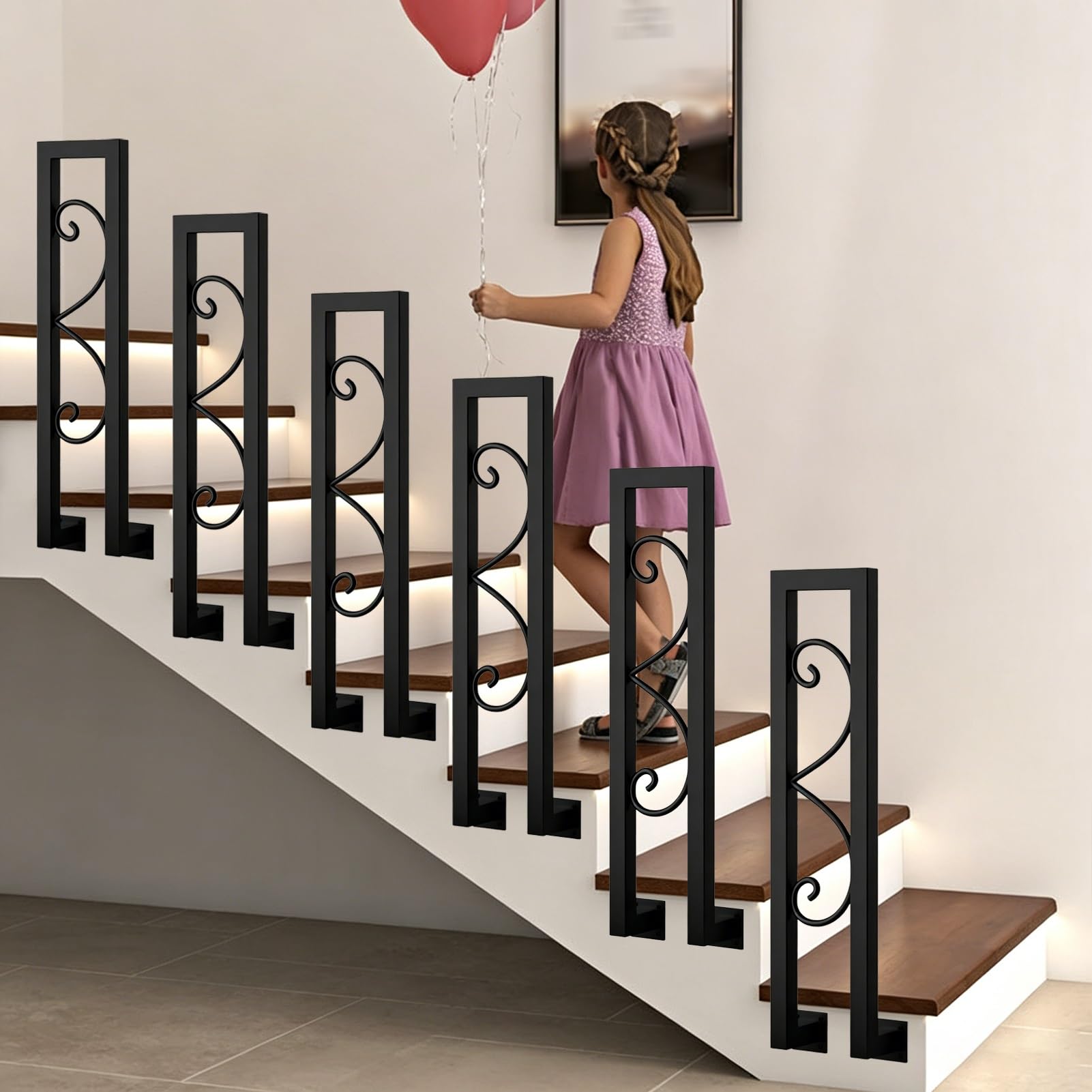 Marxan One Color Modern Black Handrail U-Shaped Metal Wrought Iron Stair Railing For Loft Corridor Garden, Front Porch Transitional Handrail For Indoor And Outdoor Steps(85Cm/33In)