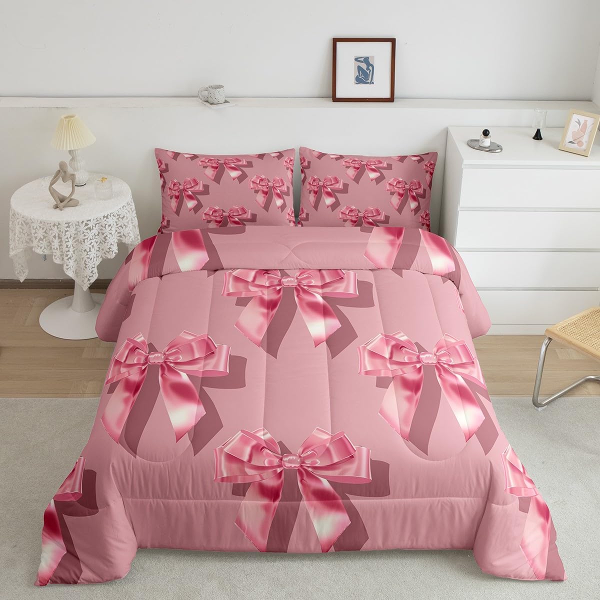jejeloiu Aesthetic Bow Comforter Set Queen Size Girls Kawaii Bownkot Coquette Bedding Set for Women Teens Girly Design Duvet Quilt Breathable Soft Lightweight Microfiber Light Teal Room Decor