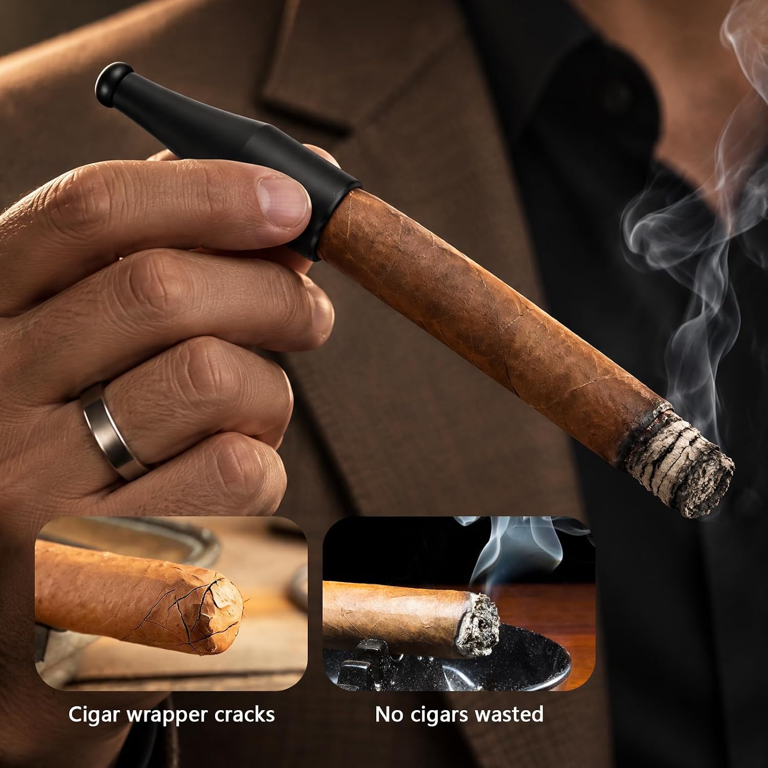 OGABEL Cigar Mouthpiece Set with Wooden Holder, Reusable Cigar Holder Tips, 4-Piece Cigar Mouth Tips for Comfortable Grip, Premium Cigar Accessories Gift for Men