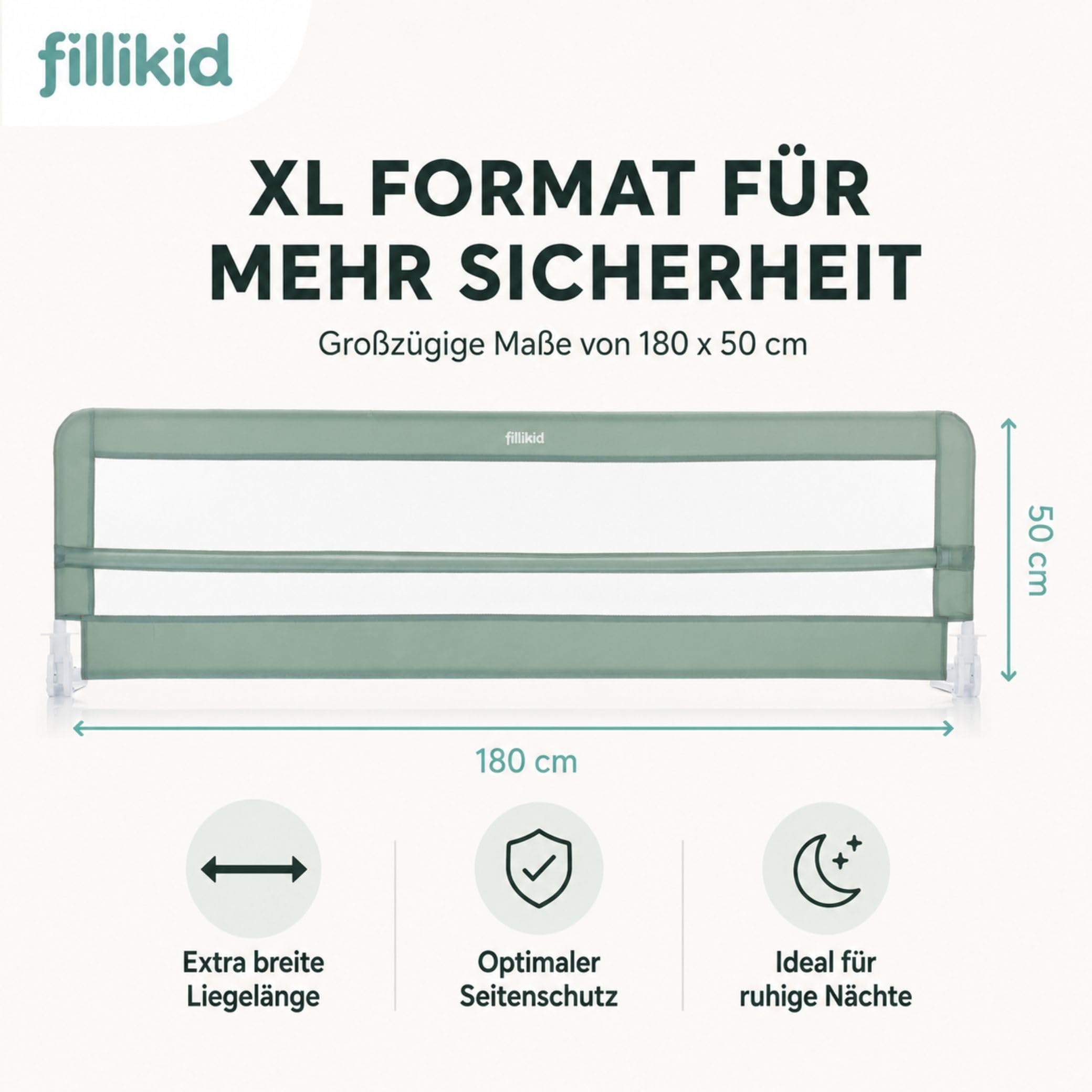 Fillikid Bettgitter Lina XL 180 x 50 cm Exklusiv | Rausfallschutz Bettschutzgitter für Kinderbett & Boxspringbett | Kinder Schutzgitter klappbar | Extra lang | Seitenschutz fürs Bett