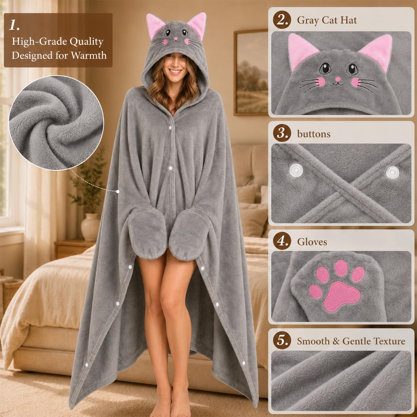 Manta con capucha y mangas, estilo sudadera, de franela, color gris, con forma de gato. Regalo ideal para amantes de los gatos, perfecto para el hogar, viajes, cumpleaños y mascotas(Gray Cat)
