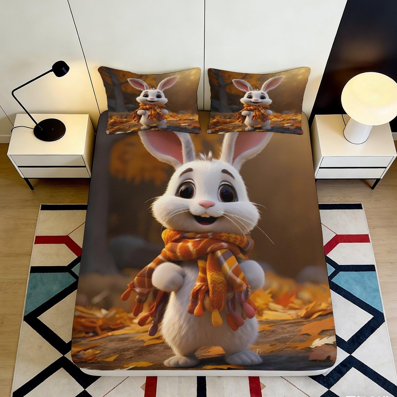 3D Printed Cute Rabbit Fitted Sheet Microfiber Deep Pocket Non-Slip Bedroom Bunny Mattress Fitted Cover for Adults Teenagers 200x200x25cm 90x200x25cm