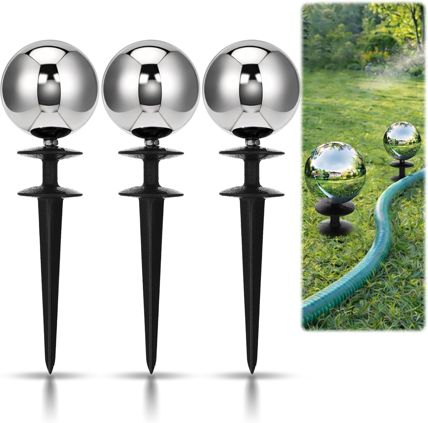Tandefio 3 Pcs Garden Hose Guide Spike 13.5 Inch Ball Heavy Duty Water Hose Guard Roller Spike Decorative Cast Iron Metal Stakes Protector for Flower Bed Plant Protection Outside Yard Lawn(Silver)