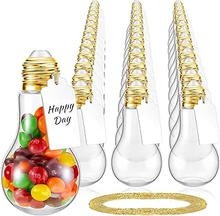 Tessco 48 Pcs 150ml Plastic Light Bulb Jars with Card and String Fillable Plastic Light Bulb Candy Jars Ornaments for Party Favors Crafts Gifts Drink Glass(Gold Lid)