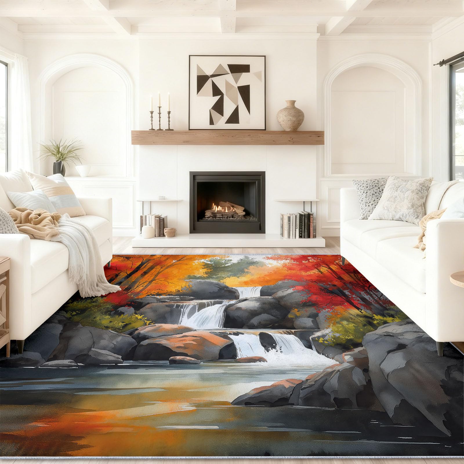 Campagne AutomnaleGris Rouge Tapis de Salon Poils Courts 140 x 200 cm