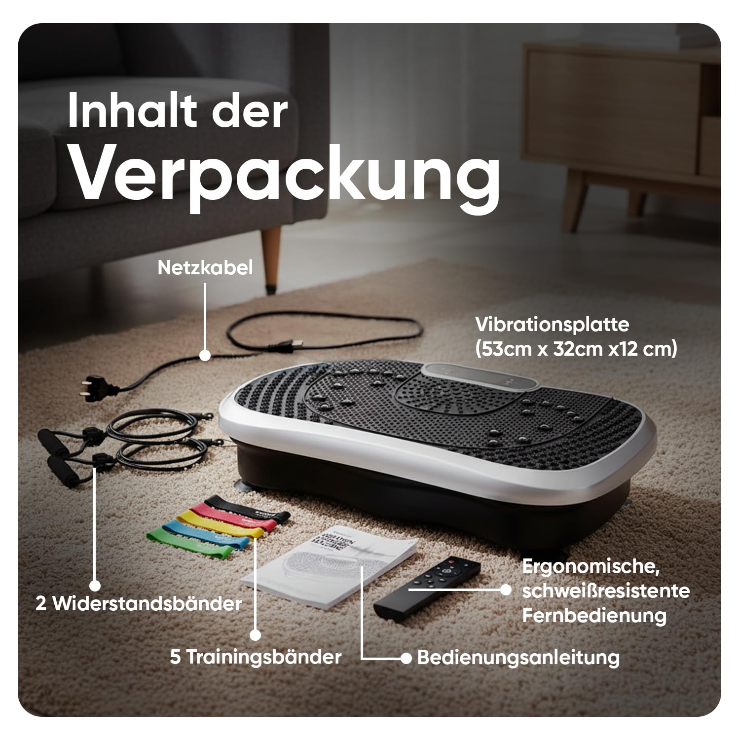 Vibrationsplatte - Fitnessgeräte für Zuhause - 99 Intensitätsstufen - 5 Trainingsprogramme - Massagegerät & Sportgerät mit Bluetooth für Home Workout - Mit Widerstandsbändern - WeightWorld