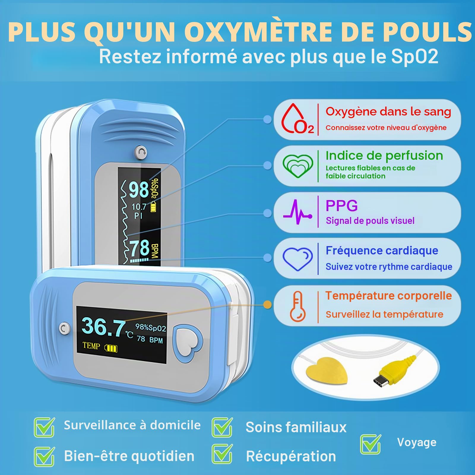 AM801 Saturomètre Oxymètre de Doigt Professionnel Certifié, Pulsomètre Cliniquement Validé, 5 en 1 Mesure de l'Oxygène Sanguin, Température, Fréquence Cardiaque, PI, PPG, Certifié CE0123