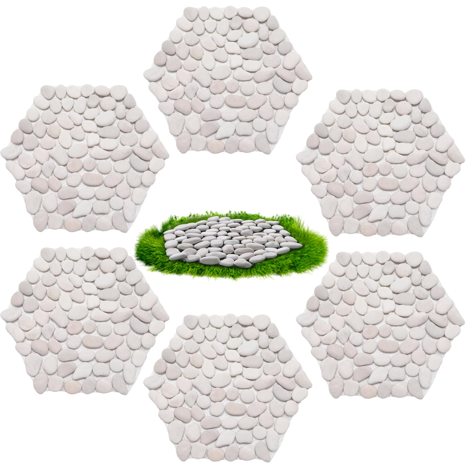 Juego de 6 piedras de río de 10 pulgadas, guijarros pulidos, respaldo de malla de PVC de larga duración, perfecto para caminos de jardín y césped, decoración de paisajismo al aire libre, rombo
