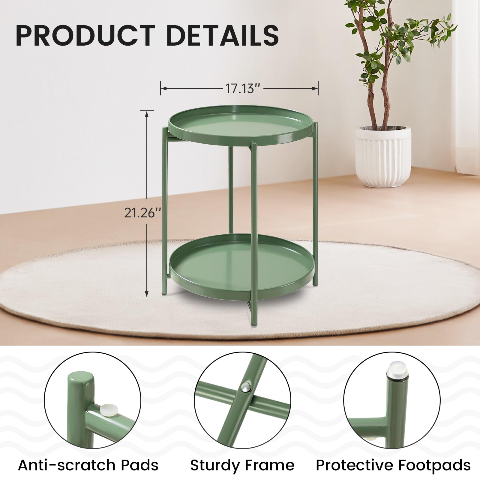 Mesa auxiliar de metal de 2 niveles con bandeja extraíble, mesa auxiliar plegable al aire libre, mesa auxiliar pequeña, mesa de noche verde antioxidante para dormitorio, balcón patio (verde oscuro) 3