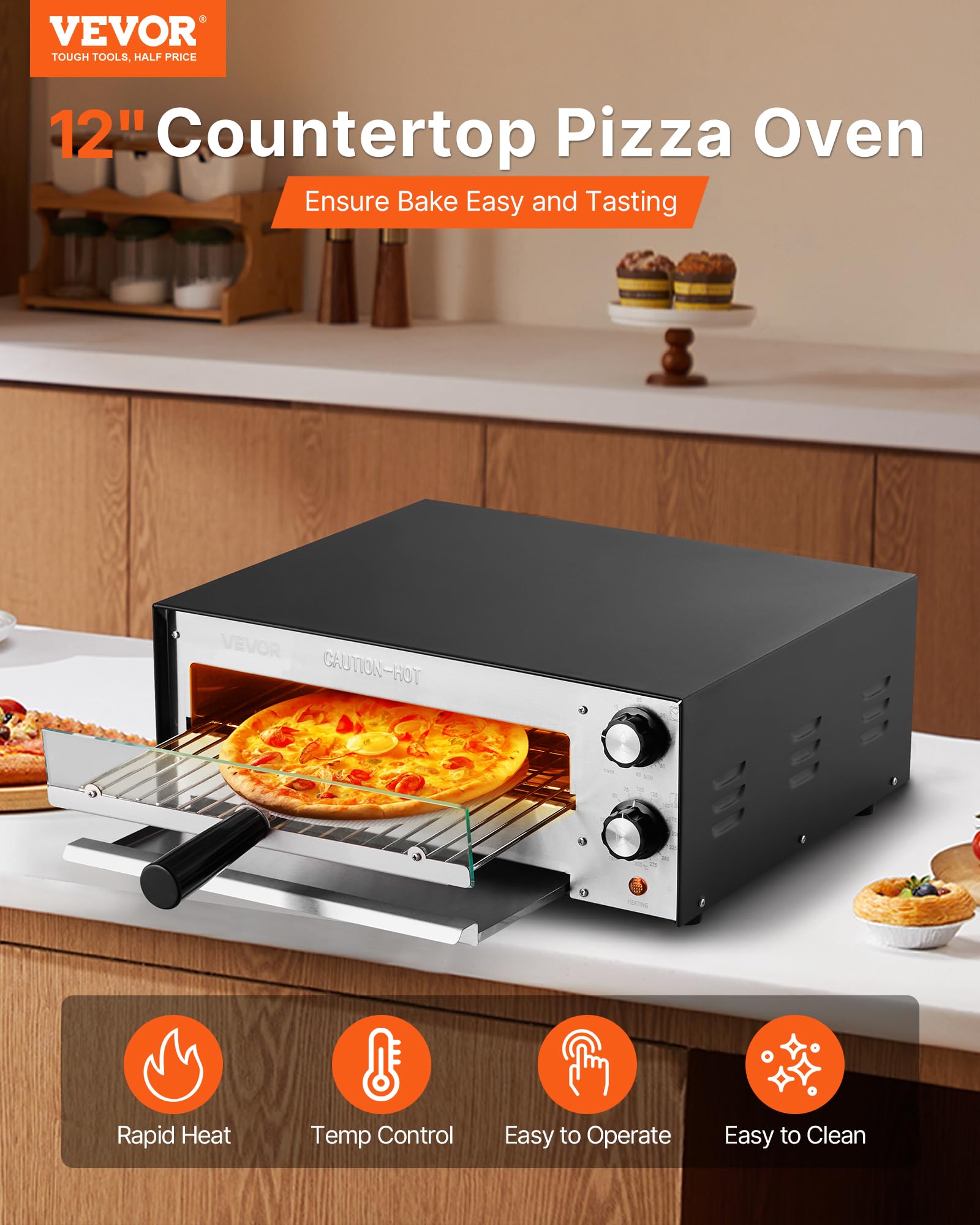 VEVOR elektrischer Pizzaofen für 305 mm Pizza 1450 W Pizzabackofen bis 300 °C, Pizzamaker mit Zeit- und Temperaturregelung, Pizzabackmaschine Pizzamaschine multifunktional Grillofen Schwarz