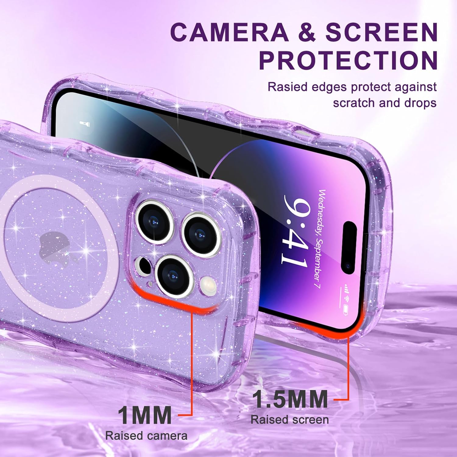 Magnetic for iPhone 14 Pro Max Case Clear, Sparkly Bling Glitter Cute Curly Wave Cover for Women Men Compatible with MagSafe TPU Shockproof Protective Phone Case for iPhone 14 Pro Max, Purple - Image 4