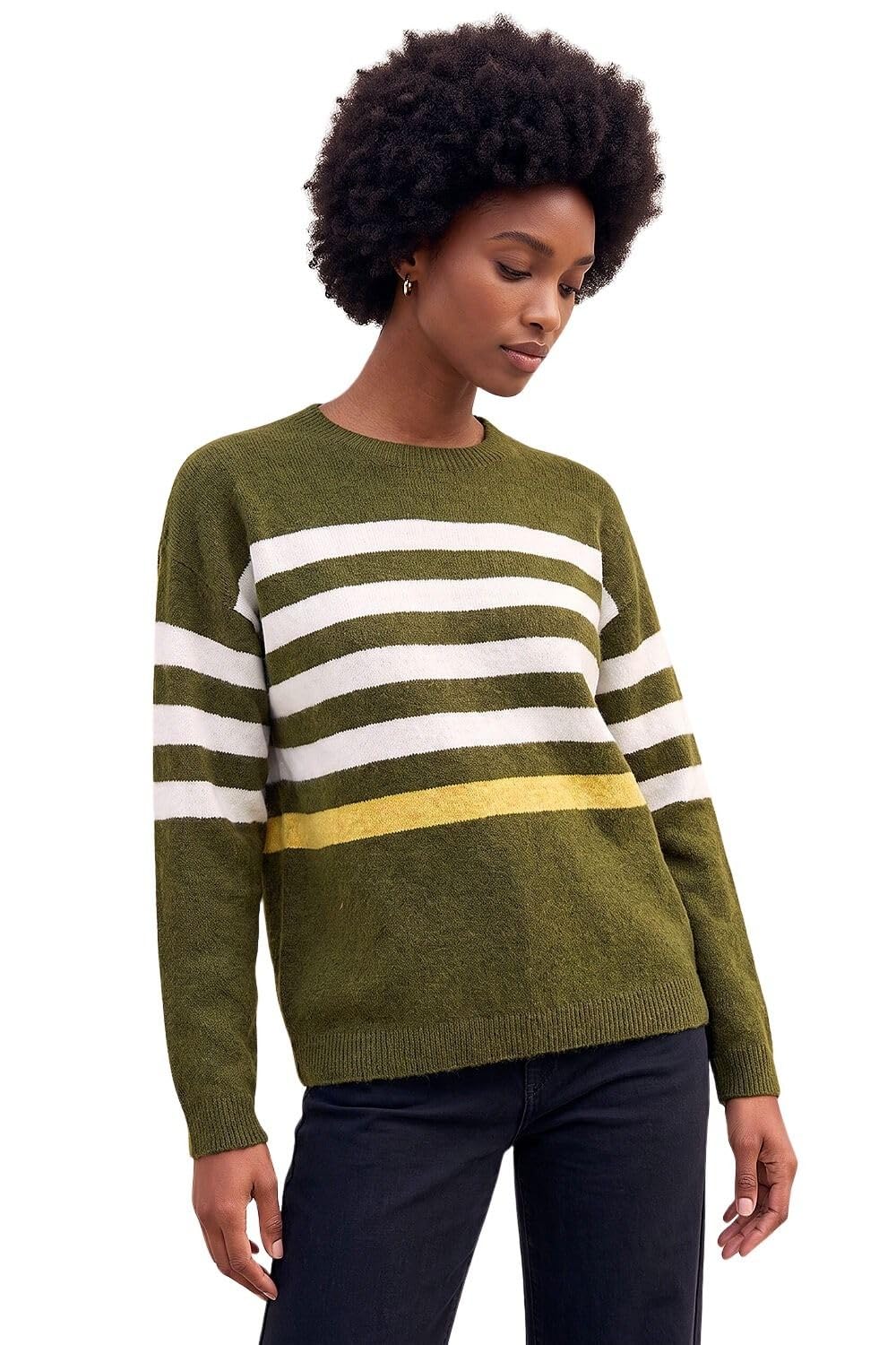 Roman Women Stripe Print Jumper Ladies Winter Autumn Knit Knitted Sweater Embroidered Knitwear Casual Smart Round Crew Neck Pull Over Everyday Going Out Party