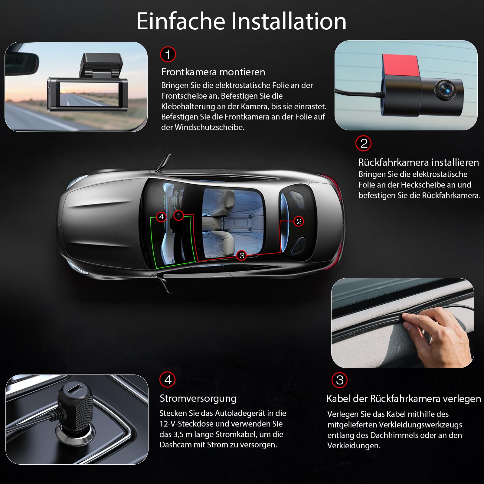 4K+2.5K Front Heck Dashcam mit 5,8 GHz WLAN & GPS Doppelkanal-Auto-Kamera, 3,16" IPS Bildschirm, Nachtsicht, 170° Weitwinkel, Parkschutzmodus, G-Sensor, Loop-Aufnahme – inkl. 64GB SD-Karte