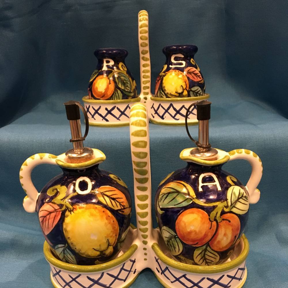 Cerámica pintada a mano Ricceri decoro fruta azul juego de salseras sal y pimienta