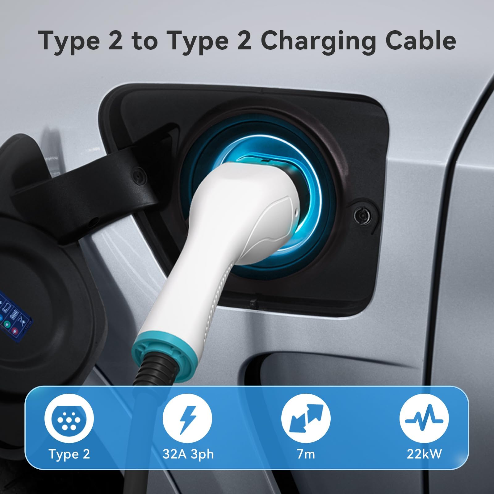 EVPEIWE Type 2 EV oplaadkabel verlengkabel, 22 KW/32 A 3-fasen oplaadkabel verlengkabel met veiligheidsslot voor IEC-62196 elektrische voertuigen & PHEV voor type 2 EV-oplader, 8 m
