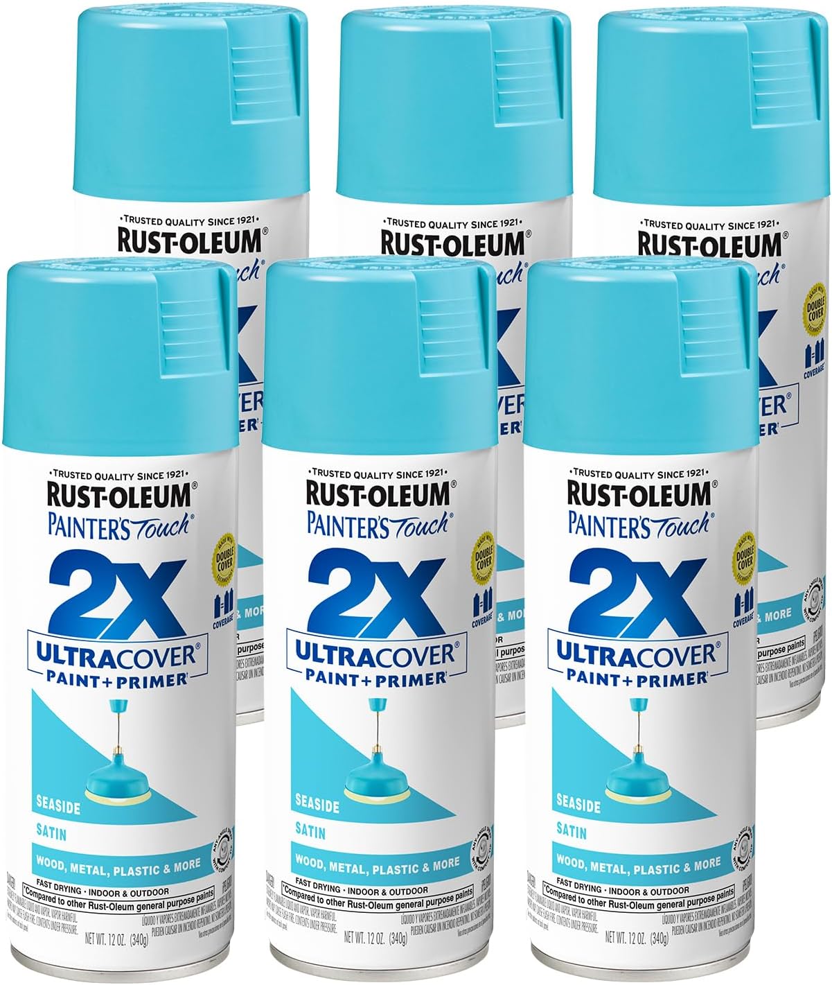 Rust-Oleum 334095-6PK Painter's Touch 2X Ultra Cover Spray Paint, 12 oz, Satin Seaside, 6 Pack