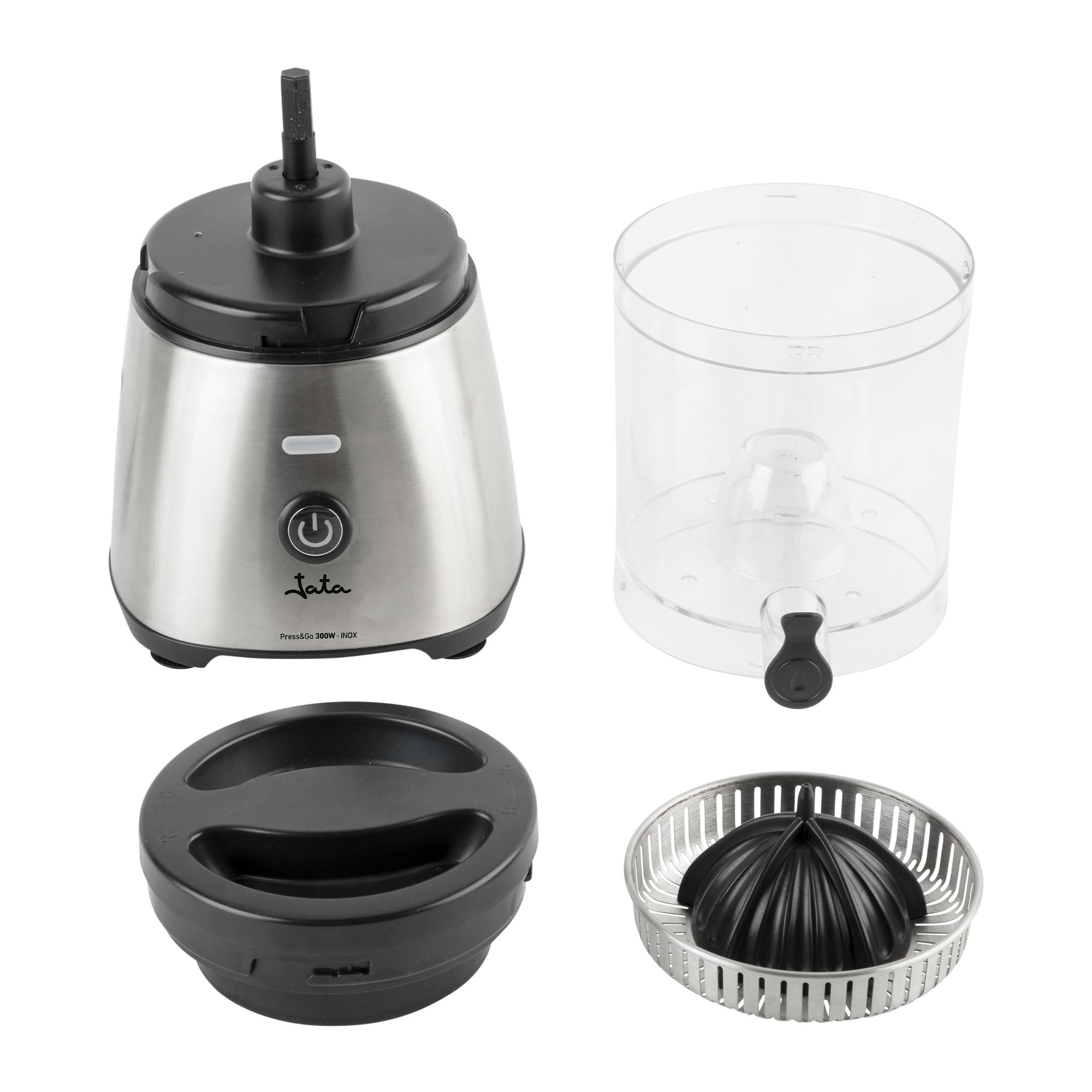 JATA JEEX1616 - Spremiagrumi elettrico automatico 300 W | Corpo e filtro in acciaio inossidabile | Sistema antigoccia | Adatto a tutti i tipi di frutta | Pezzi staccabili. Base antiscivolo