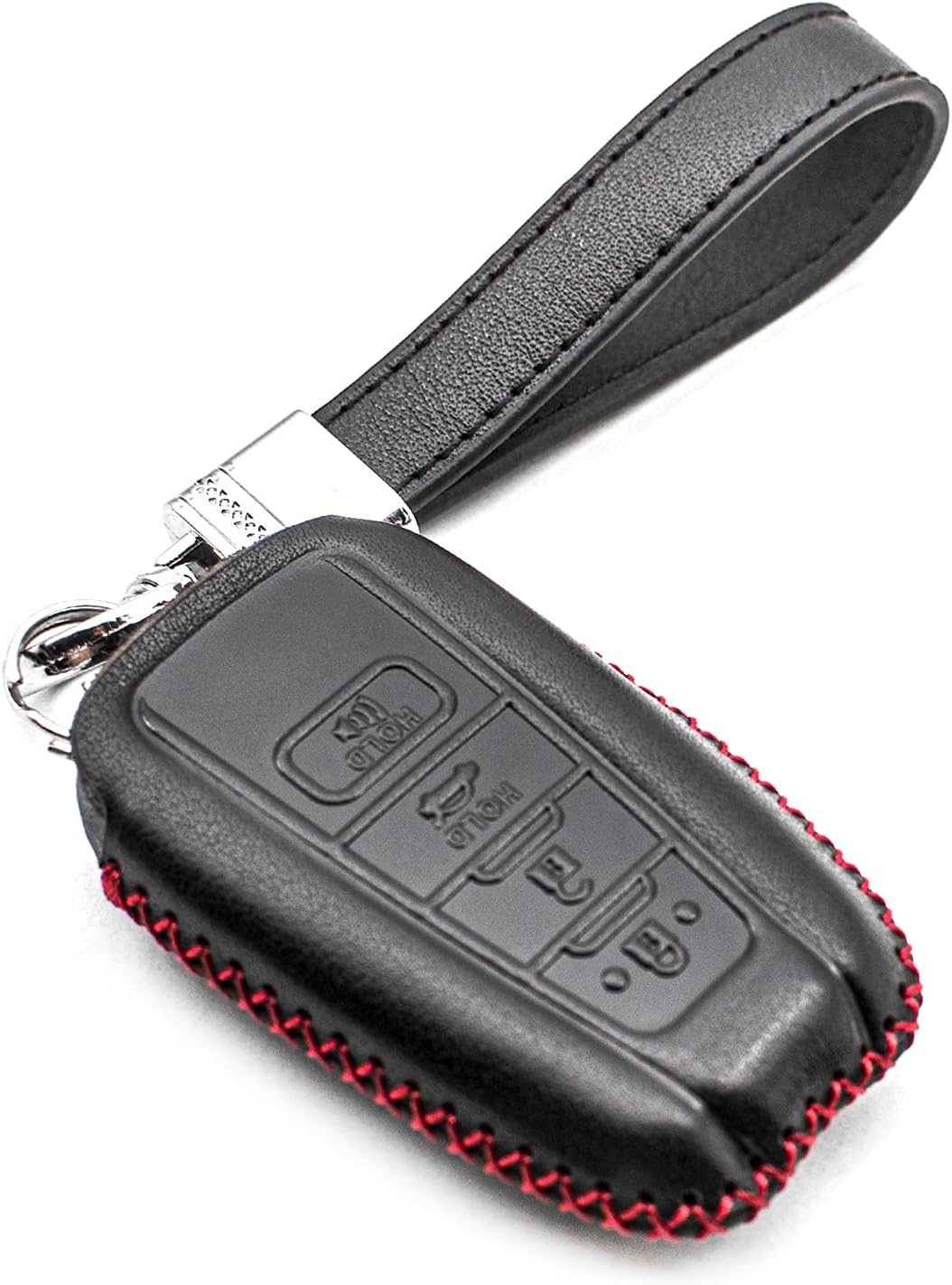 INFIPAR Fit for 2019 2020 2021 Toyota RAV4 Camry Corolla Avalon C-HR Prius Highlander Genuine Leather Smart Key Fob Case Cover Keyless Entry Protector, with Key Chain (4-Button, Black/Red)