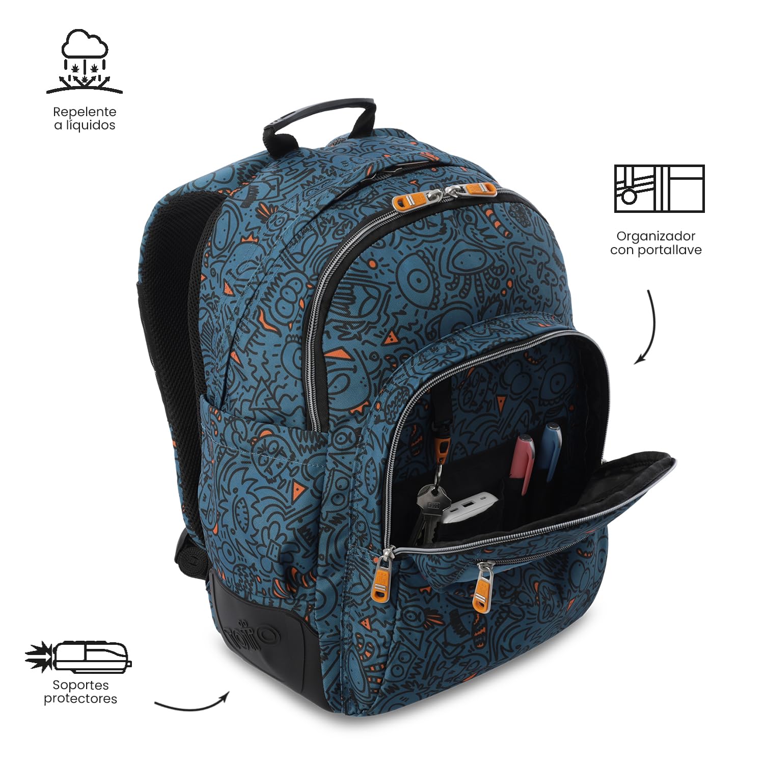 TOTTO - Mochila Escolar Grande, Modelo Rayol, Capacidad 19 L, 3 Compartimentos, 2 Bolsillos Botella, Bolsillo para PC 14", Espaldar Ergonómico con Flujo de Aire, Correas en S, Estampado Grafer