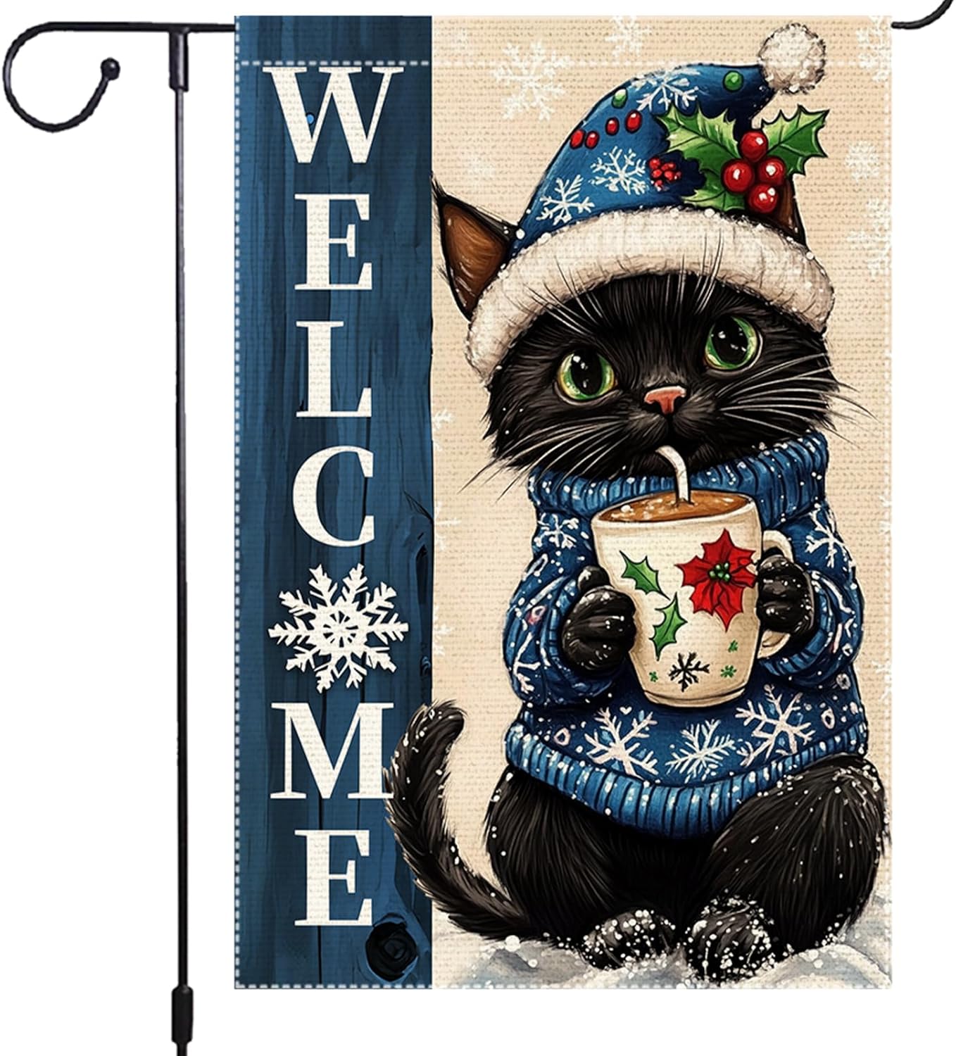 Christmas Welcome Cat Garden Flag 12x18 Inch Double-Sided Burlap Holiday Decor Featuring Snowy Kitty with Hot Cocoa