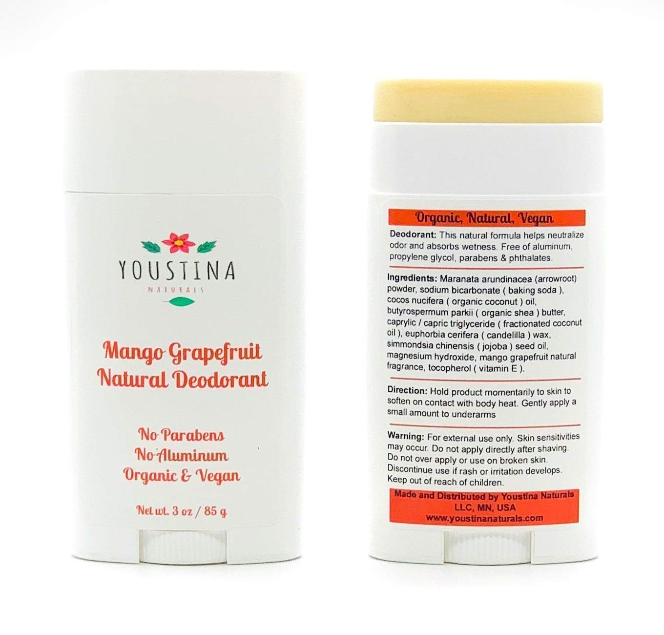 Natural Deodorant with Magnesium Hydroxide for Men, Women and Kids, Organic, Vegan and Aluminum Free 3 oz with Mango Grapefruit Scent