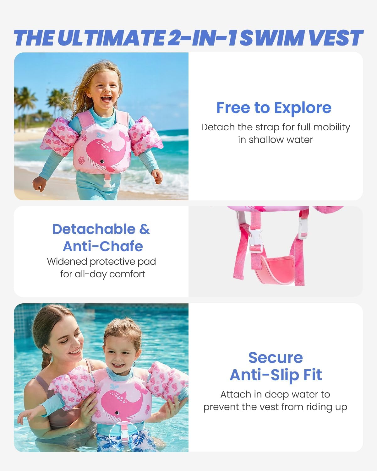 Gogokids 2-in-1 Toddler Swim Vest Pool Floaties for Kids[CPC Certified & Remove Crotch Strap]Puddle Float Jumper 24-66 Pounds, Toddler Arm Floaties Swim Jacket Water Wings for kids Boys Girls Swimmies