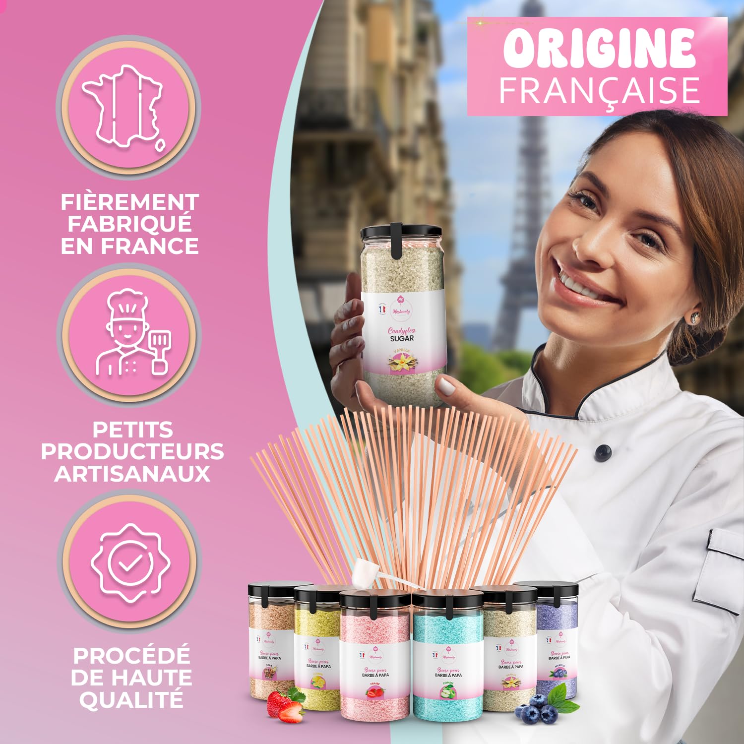 Misskandy® sucre barbe à papa pour machine- Lot de (6 * 240Gr) - (Arômes Naturels): Goûts: Fraise/Pomme/Cola/Myrtille/Vanille/Citron/poudre barbapapa+ 50 bâtonnets (offerts)/ Fabriqué en France