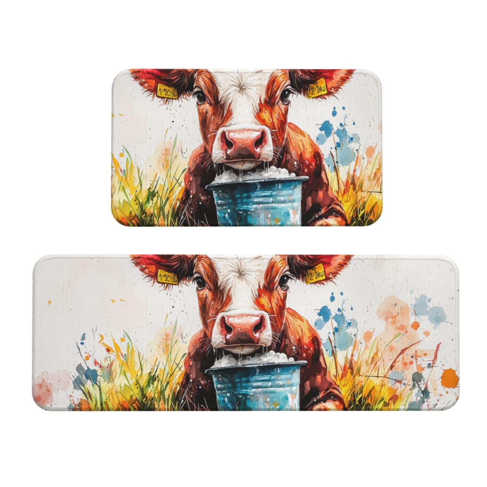 Tapetes de cocina acolchados y antideslizantes con diseño de vaca en acuarela, juego de 2