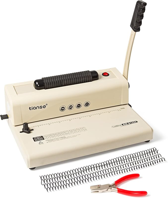 Máquina de encuadernación TIANSE - Insertador de bobina eléctrico para encuadernación profesional, perforadora de 12 hojas, para bobinas Carta/A4/A5 y plástico/metal, con 100 lomos de bobina y alicates para el hogar, oficina, escuela, bricolaje
