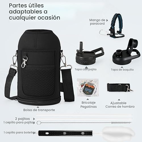 Miniatura 7 de Botella de agua tipo termo, aislamiento triple pared al vacío, acero inoxidable, calcomanías, frío 48 horas, a prueba de fugas, tapa con boquilla y