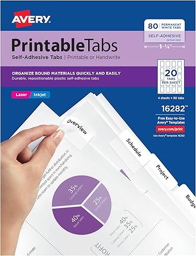 Avery Pestañas de plástico autoadhesivas imprimibles, 1-34 pulgadas, adhesivo reposicionable, blanco, paquete de 80 (16282)