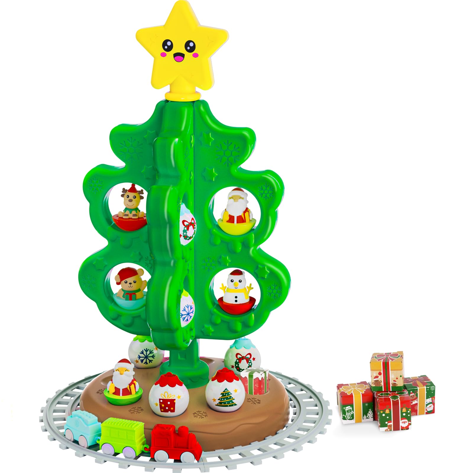 Baby Christmas Tree Toy with Topper Star: Montessori Christmas Tree Set with DIY Train Set&amp;Tracks, Finger Puppets Snowman/Reindeer/Santa Tumblers for Toddlers Must Have Xmas Birthday Gift Indoor Decor